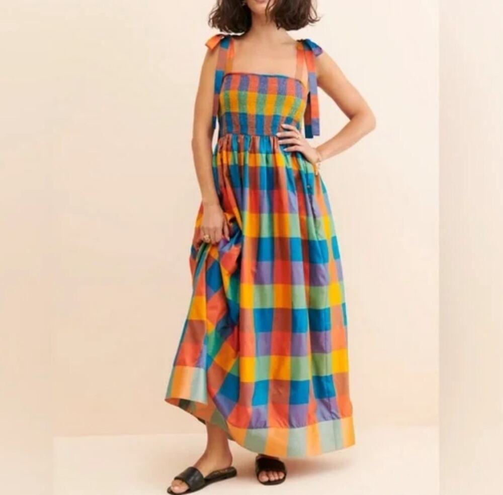 Payal Jain Smocked Bodice Madras Plaid Maxi Dress Anthro Size Small